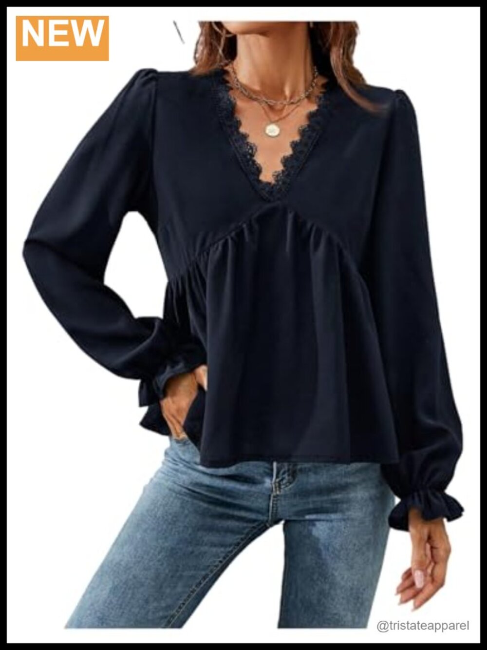 Lace Peplum Blouse V Neck Long Sleeve Ruffle Hem Casual Top